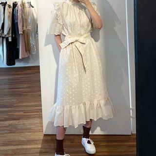 Elbow-sleeve Dotted Midi A-line Dress Almond - One Size