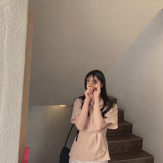 Short-sleeve Wrap Peplum Shirt Beige - One Size