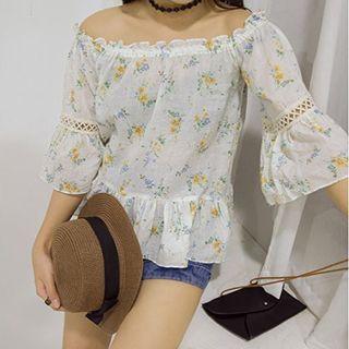 Floral Print Off-shoulder Bell-sleeve Top