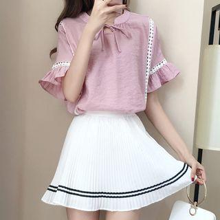 Short-sleeve Ruffled Tie-neck Top