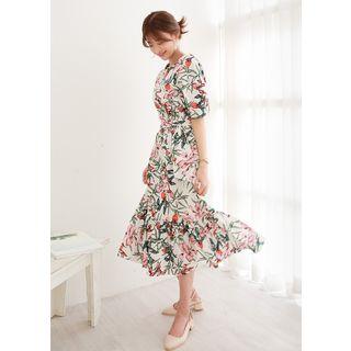 Frill-hem Floral Long Dress With Belt