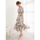 Frill-hem Floral Long Dress With Belt