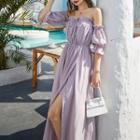 Puff-sleeve Off-shoulder Slit Maxi A-line Dress