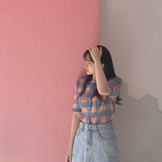 Short-sleeve Check Knit Cardigan Sky Blue - One Size