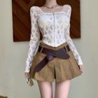 Square-neck Lace Zip Top / Retro High-waist Accordion Pleat Skirt