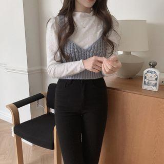 Set: Long-sleeve Plain T-shirt + Knit Camisole Top