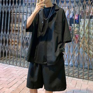 Set : Plain Elbow-sleeve Shirt + Shorts