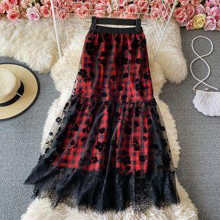 Floral Mesh Overlay Check Midi Skirt
