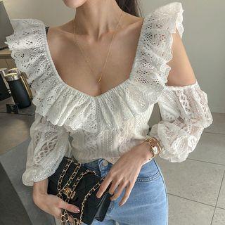 Ruffle-trim Cutaway-sleeve Laced Top Ivory - One Size