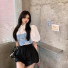 Mock Two Piece Floral Blouse / High-waist Plain Wide Leg Skirt