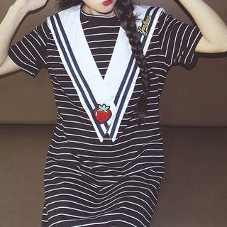 Striped Short-sleeve T-shirt Dress With Sailor Collar