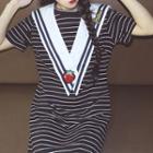 Striped Short-sleeve T-shirt Dress With Sailor Collar