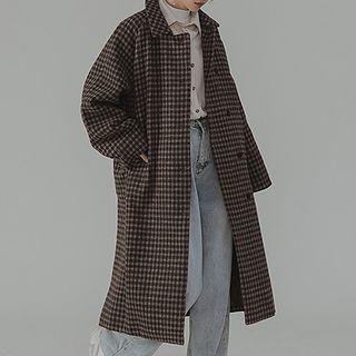 Plaid Woolen Long Coat With Sash