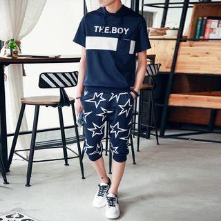Set: Hooded Lettering T-shirt + Cropped Sweatpants