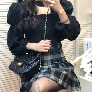 Puff-sleeve Square-neck Top / Plaid Pleated Mini A-line Skirt