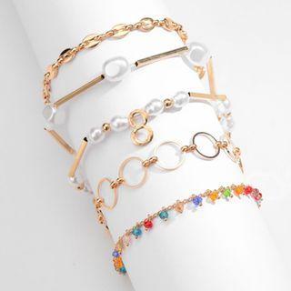Set Of 5 : Faux Pearl / Faux Crystal / Alloy Bracelet (assorted Designs) Ab281 - Gold - One Size