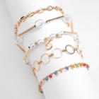 Set Of 5 : Faux Pearl / Faux Crystal / Alloy Bracelet (assorted Designs) Ab281 - Gold - One Size