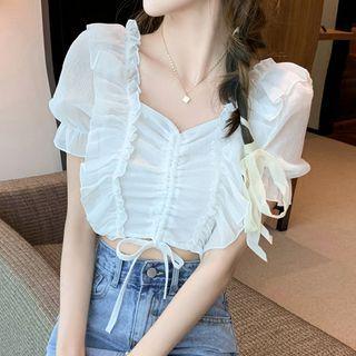 Puff-sleeve Ruffle Trim Drawstring Plain Chiffon Blouse