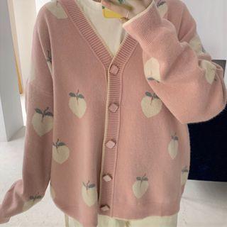 V-neck Peach Printed Knit Cardigan
