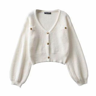 Puff Sleeve V-neck Crop Knit Cardigan