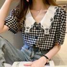 Short-sleeve Embroidered Collar Check Blouse