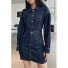 Stitched Button-up Denim Dress Dark Blue - One Size