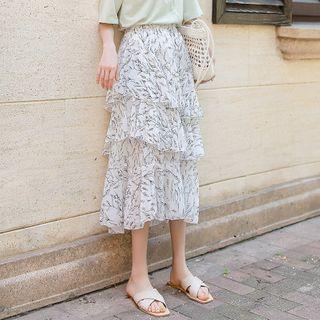 Flower Print Midi Tiered Skirt White - One Size