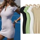 Short-sleeve Polo-neck Knit Mini Sheath Dress