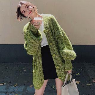 Puff-sleeve Cardigan Avocado Green - One Size