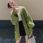 Puff-sleeve Cardigan Avocado Green - One Size