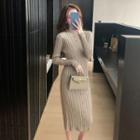 Long-sleeve Plain Knit Midi Bodycon Dress
