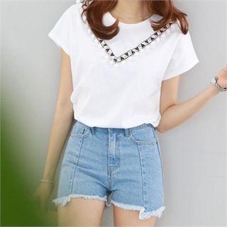 Embroidered-trim Pompom-detail T-shirt