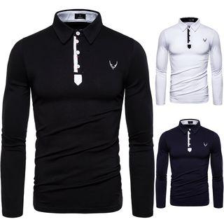 Deer Embroidered Long-sleeve Polo Shirt