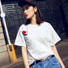 Short-sleeve Rose Embroidered Ripped T-shirt White - One Size