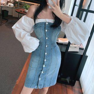 Off-shoulder Long-sleeve Slim-fit Denim Dress Blue - One Size