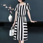 Striped Short-sleeve Midi A-line Chiffon Dress