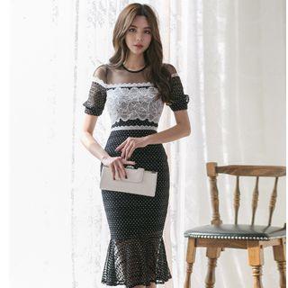 Lace Ruffle Hem Short-sleeve Sheath Dress As Shown In Figure - One Size