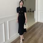 Set: Puff-sleeve Double-breasted Cropped Blazer + High-waist Plain Skirt