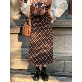 High Waist Argyle Knit Midi A-line Skirt