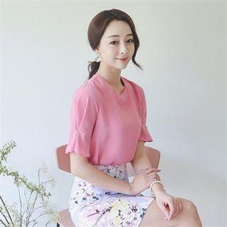 Puff-sleeve Faux-pearl Trim Top