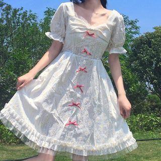 Floral Bow Midi A-line Dress White - One Size