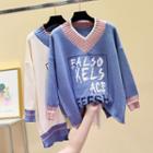 Long-sleeve Letter Printed Striped Knit Top