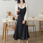 Split-neck Blouse / Spaghetti Strap Dotted Midi Dress