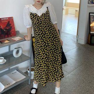 Spaghetti Strap Floral Midi A-line Dress Brown - One Size