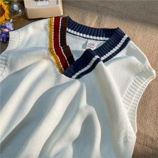 V-neck Contrast-trim Knit Vest Off-white - One Size