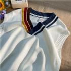 V-neck Contrast-trim Knit Vest Off-white - One Size