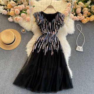 Sequined Mesh Midi A-line Dress