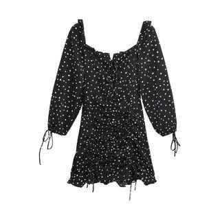 Puff-sleeve Heart Print Drawstring Mini Sheath Dress