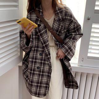 Plaid Double-breasted Blazer Plaid - Coffee & White - One Size