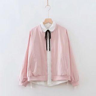 Plain Lace-up Zip Jacket Pink - One Size